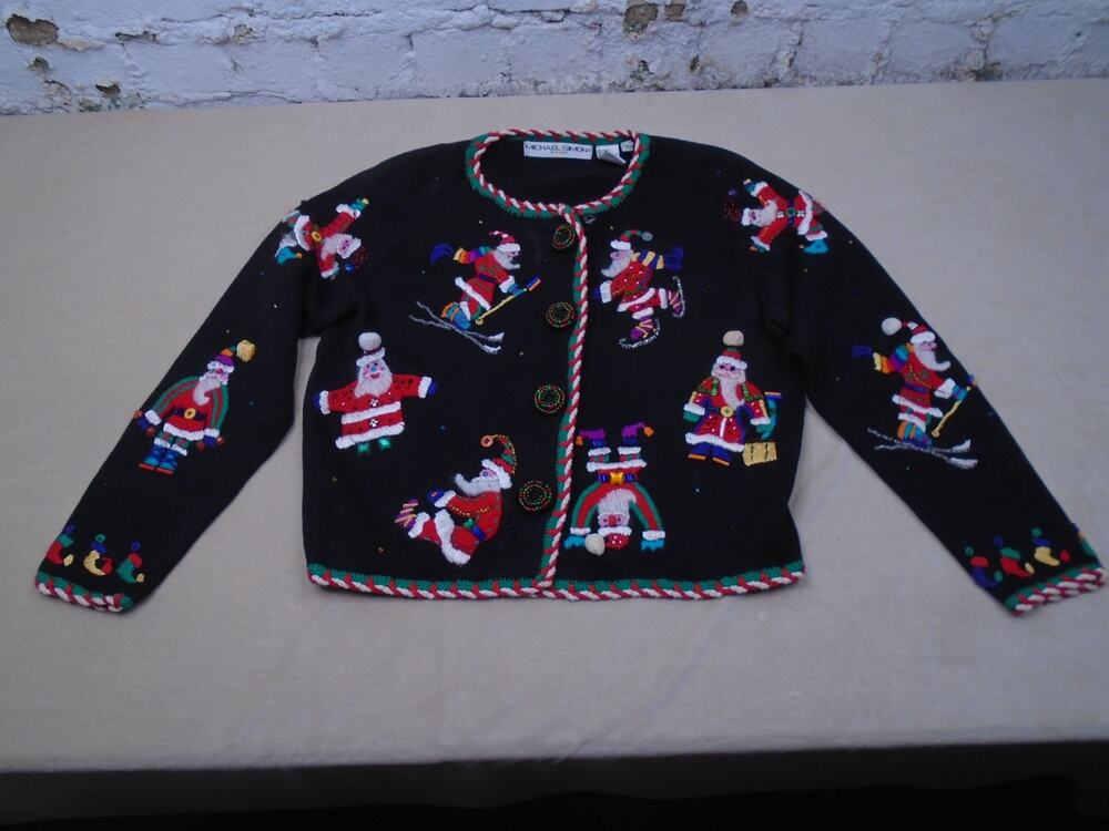 Vintage Michael Simon Christmas Santa Snowman Beaded Cardigan Sweater Size M